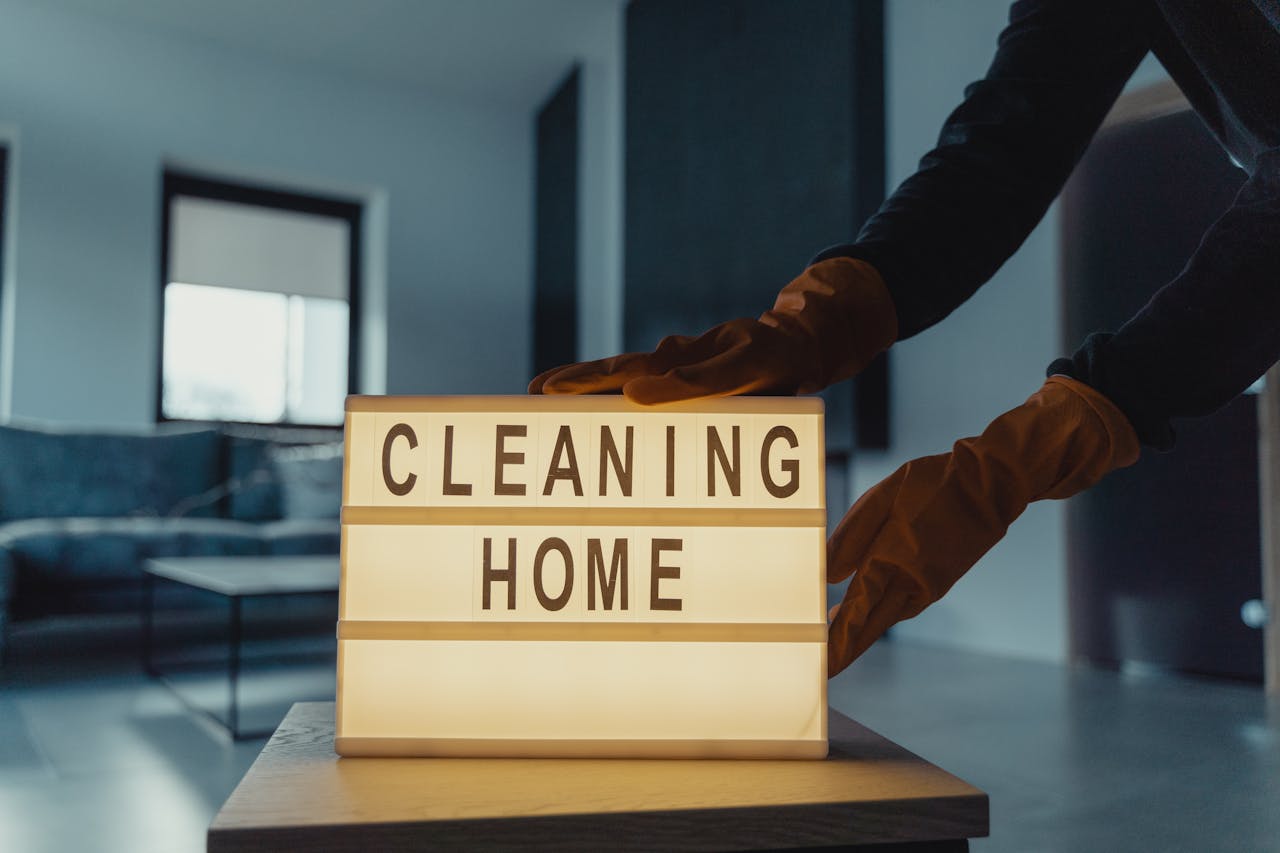 Close-up of hands with rubber gloves holding an illuminated lightbox saying Cleaning Home.